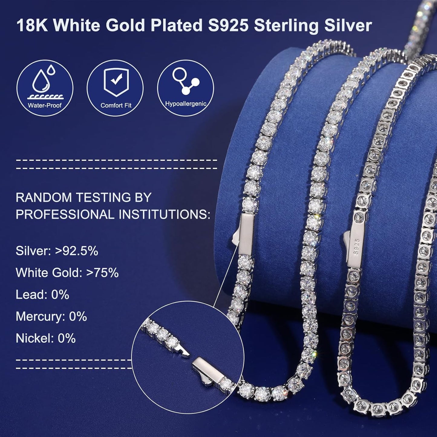 Collier Tennis Moissanite – 12.4 à 43.8 Carats, Argent 925 Plaqué Or Blanc 18K