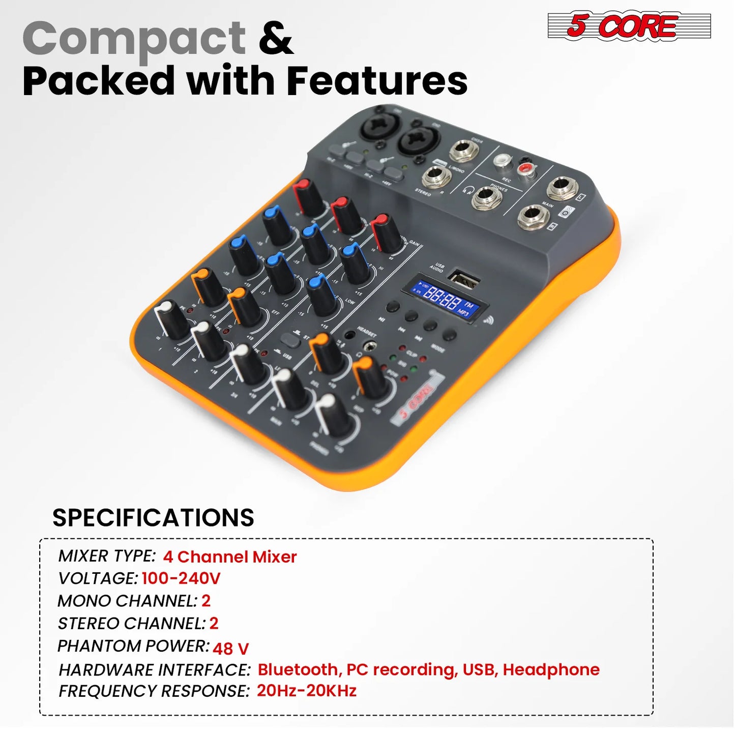 Mixeur Audio 4 Canaux & Contrôleur DJ – Mixer Bluetooth pour Streaming et Interface USB pour Enregistrement PC