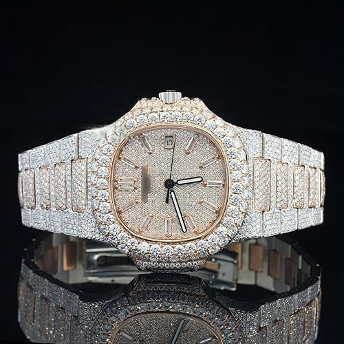 Montre Iced Out Moissanite de Luxe – 25 CT, Automatique, Finition Or Rose & Argent