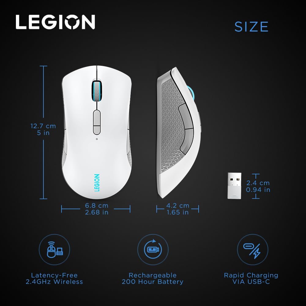 Souris de Jeu Sans Fil Legion M600 RGB – 16 000 DPI, 9 Boutons Programmables, Autonomie de Batterie de 200 Heures, Durabilité de 50 Millions de Clics – Souris Ambidextre (Stingray)