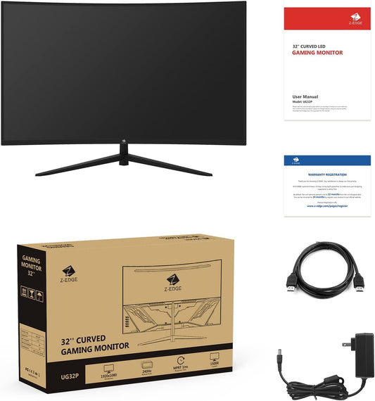 Z-Edge 32-Inch Curved Gaming Monitor 16:9 1920X1080 240Hz 1Ms Frameless LED Gaming Monitor, UG32P AMD Freesync Premium Display Port HDMI