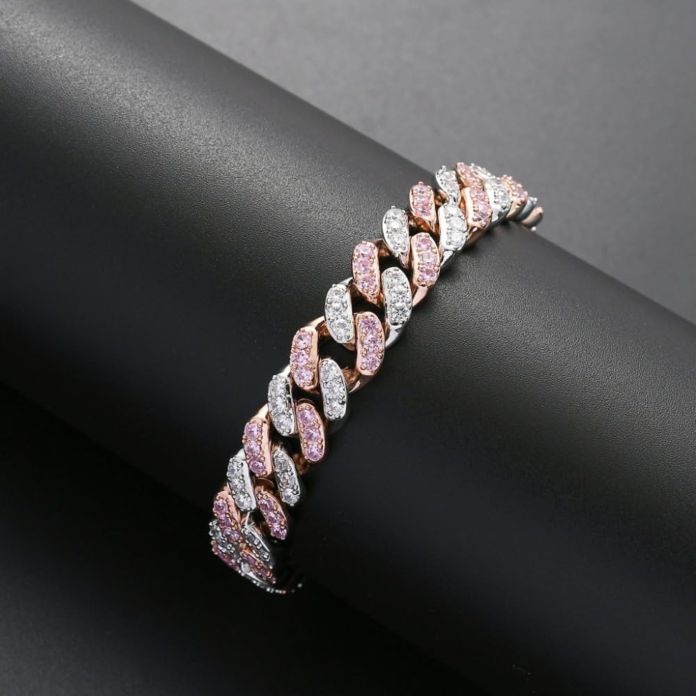 14K Gold 12Mm Cuban Link Chain Bracelet with Pink & White Moissanite, Statement Jewelry for Men, Gift for Him