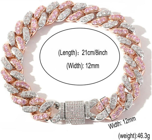 14K Gold 12Mm Cuban Link Chain Bracelet with Pink & White Moissanite, Statement Jewelry for Men, Gift for Him