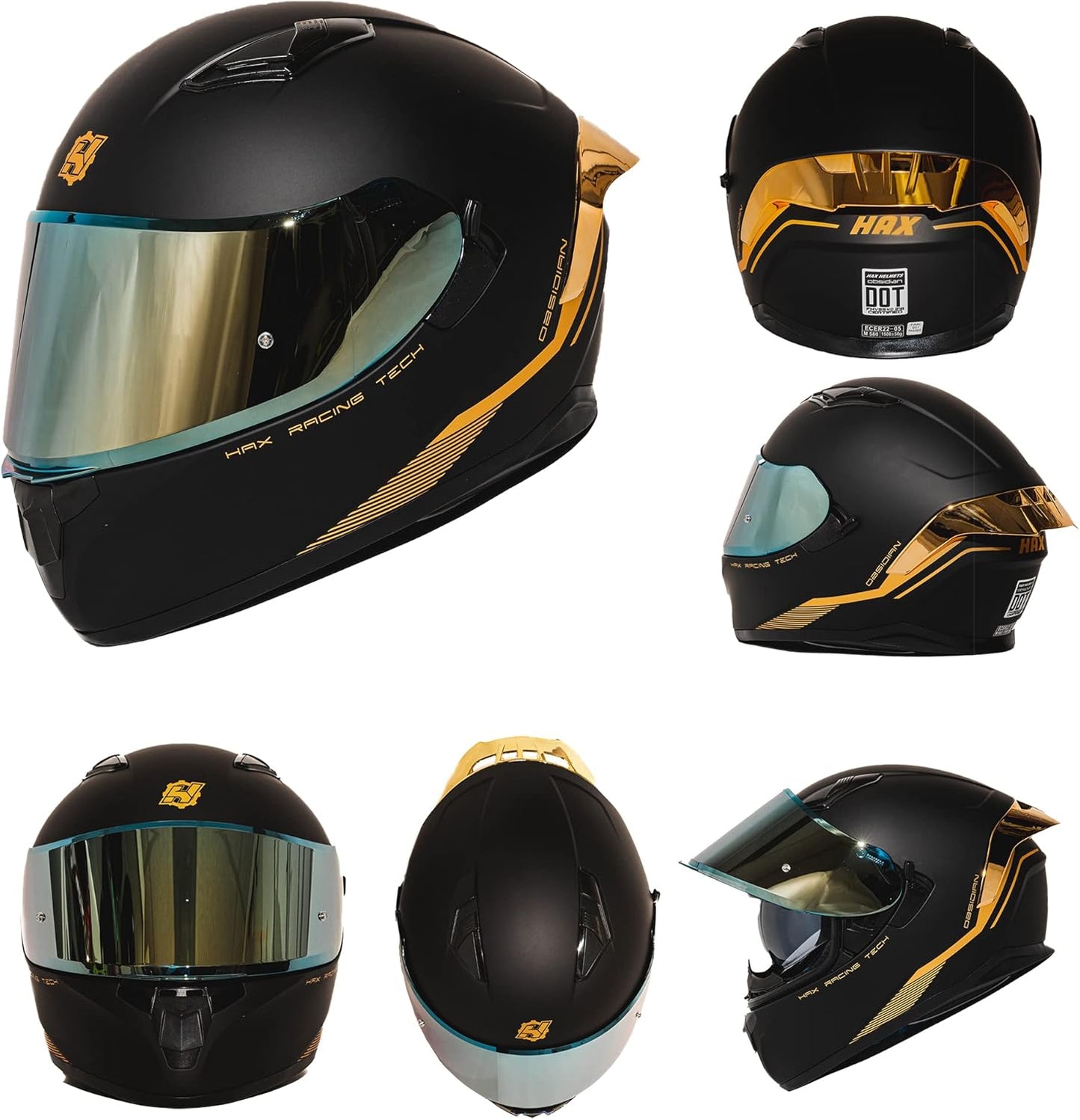 Obsidian Full Face Dual Visor Adult Motorcycle Helmet for Motorbike Street Bike with Pinlock Ready DOT Approved Matte Black Gold L