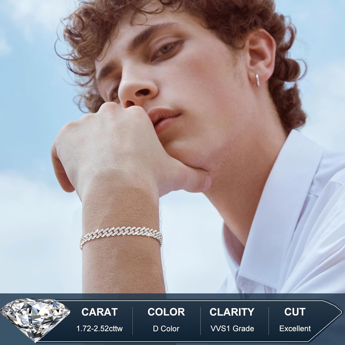 Bracelet Homme Moissanite 1.72-2.52 Carats – 6MM, Plaqué Or Blanc 18K & Argent 925