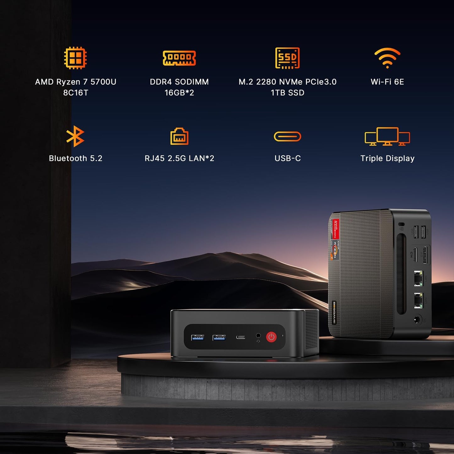 Mini Gaming PC P4 - AMD Ryzen 7 5700U, 32 Go RAM, 1 To SSD, 4K Triple Display, Windows 11 Pro
