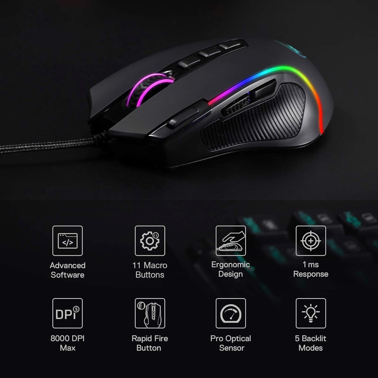 M612 Predator RGB Souris de Jeu - 8000 DPI, 11 Boutons Programmables, 5 Modes Rétroéclairés, Logiciel avec Bouton de Tir Rapide