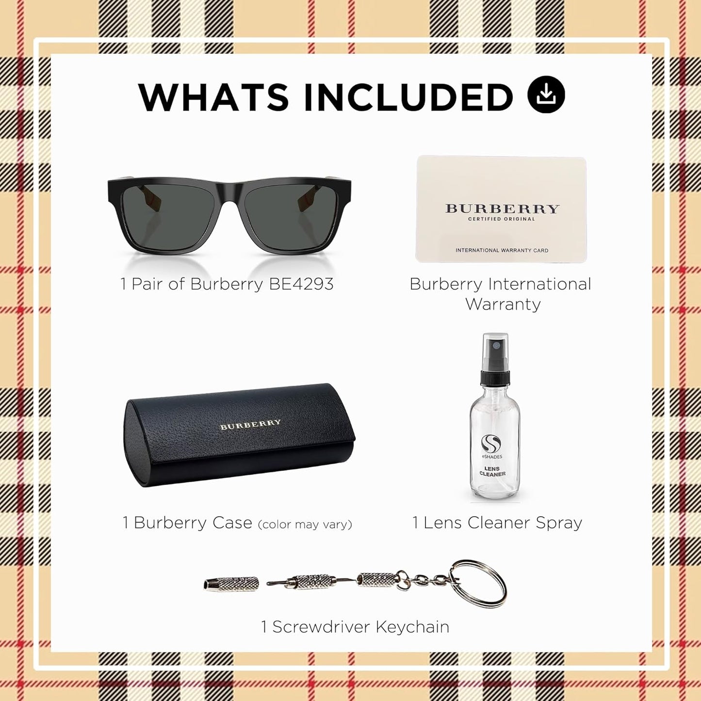 🕶️ BURBERRY BE4293 – Lunettes de Soleil Carrées en Acétate avec Kit Luxe eSHADES