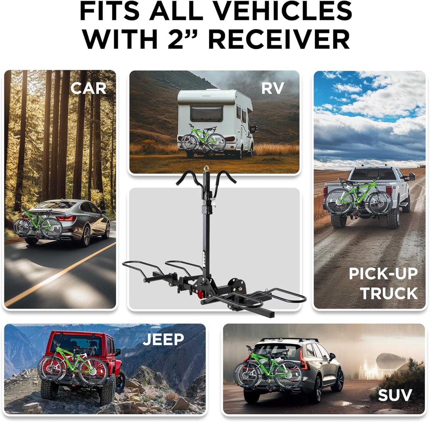 Young 200 Lbs. Capacity Hitch Mounted 2-Bike Rack with Lock for Standard, Mountain, Fat Tire Bikes, Fit Car, SUV, Van, RV, Trailer, Truck