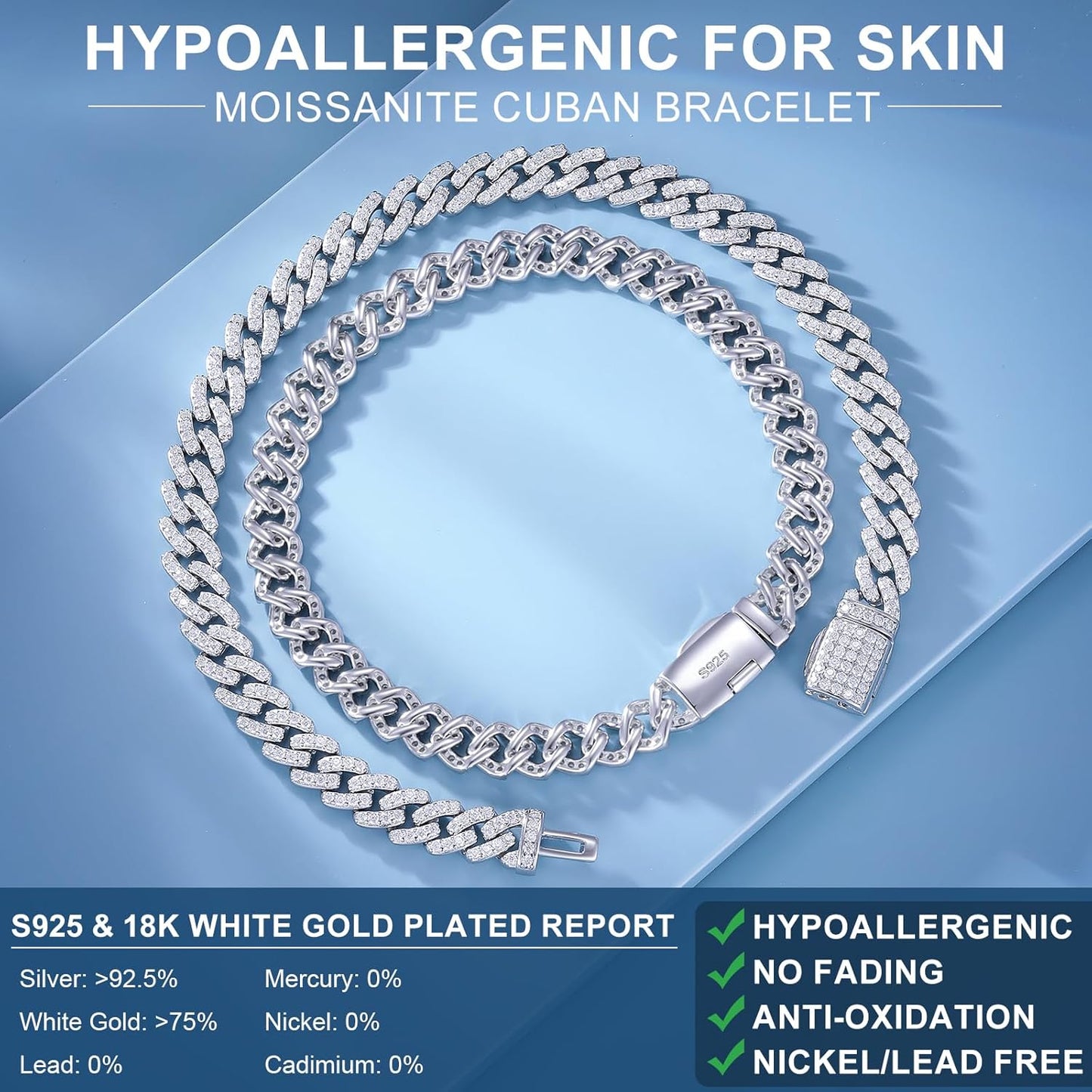 Bracelet Homme Moissanite 1.72-2.52 Carats – 6MM, Plaqué Or Blanc 18K & Argent 925