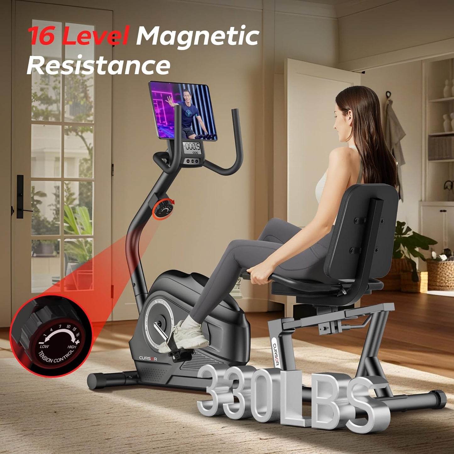 Vélo d’Appartement Semi-Allongé CURSOR FITNESS – Résistance Magnétique 16 Niveaux, Silencieux & Confort Premium