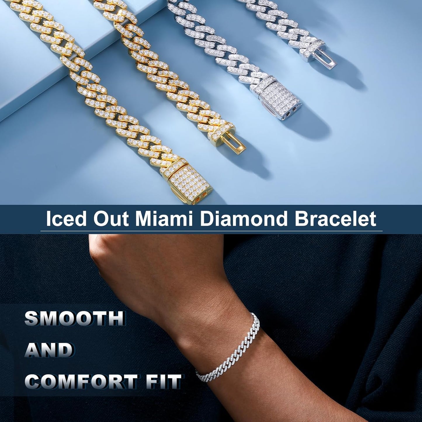 Bracelet Homme Moissanite 1.72-2.52 Carats – 6MM, Plaqué Or Blanc 18K & Argent 925