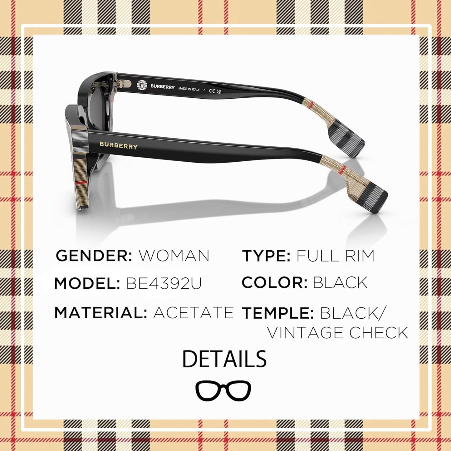 đ BURBERRY BE4344 Daisy â Lunettes de Soleil CarrĂ©es Femme avec Kit Luxe eSHADES | Ajustement High Bridge