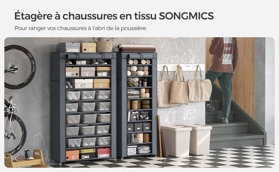 Meuble à Chaussures SONGMICS – 10 Niveaux, Tissu Gris et Cadre Métal, Grande Capacité 27 Paires