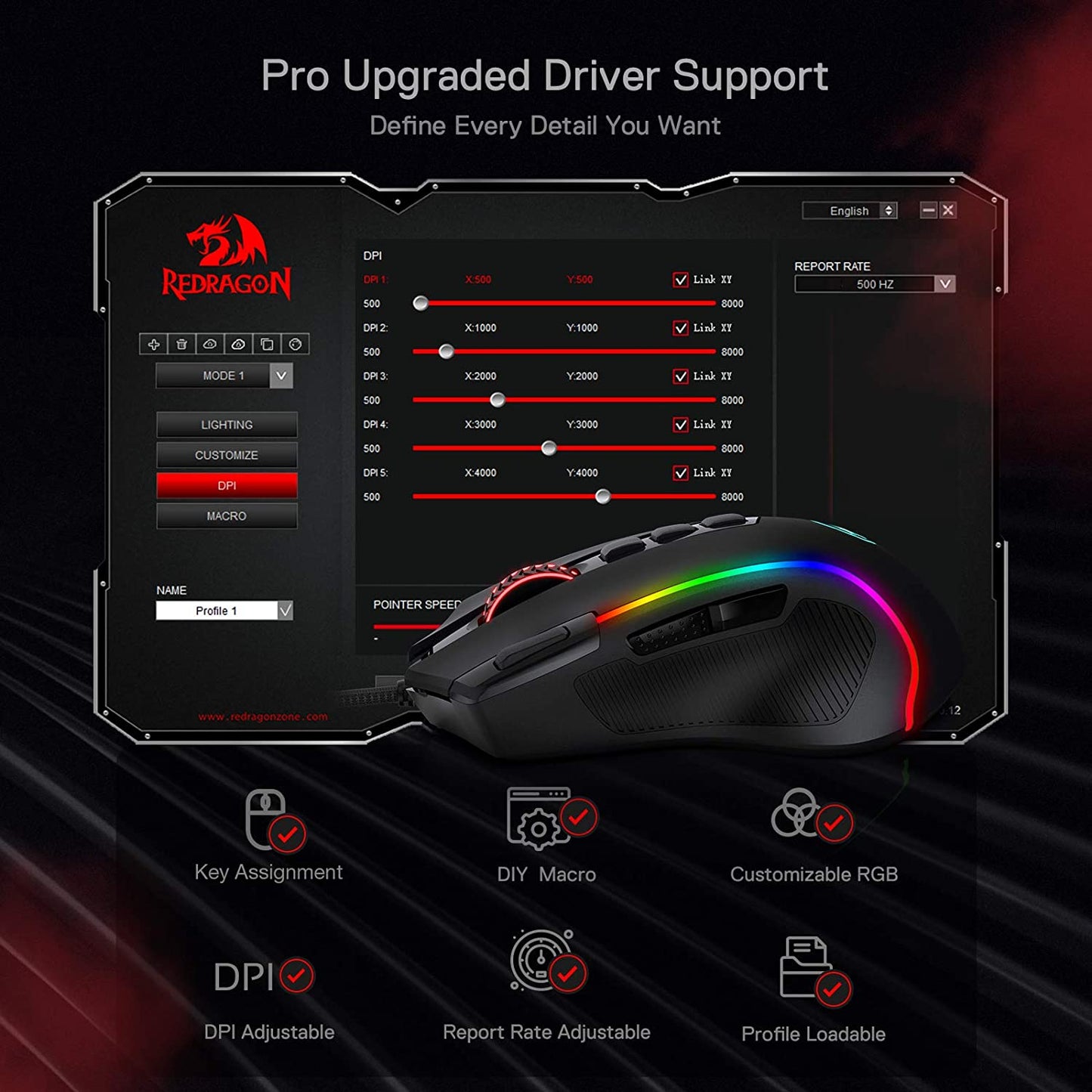 M612 Predator RGB Souris de Jeu - 8000 DPI, 11 Boutons Programmables, 5 Modes Rétroéclairés, Logiciel avec Bouton de Tir Rapide