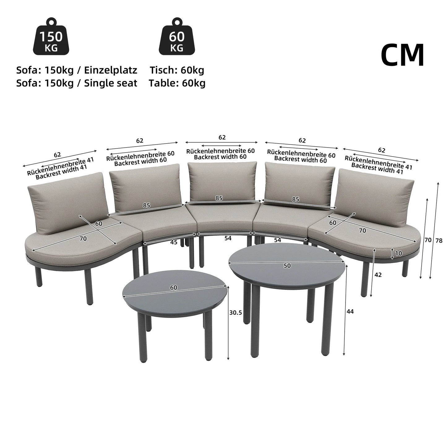 Ensemble de salon de jardin (10 places), 4 tables basses en verre trempé, structure en fer galvanisé, avec coussins et coussins de siège gris,
