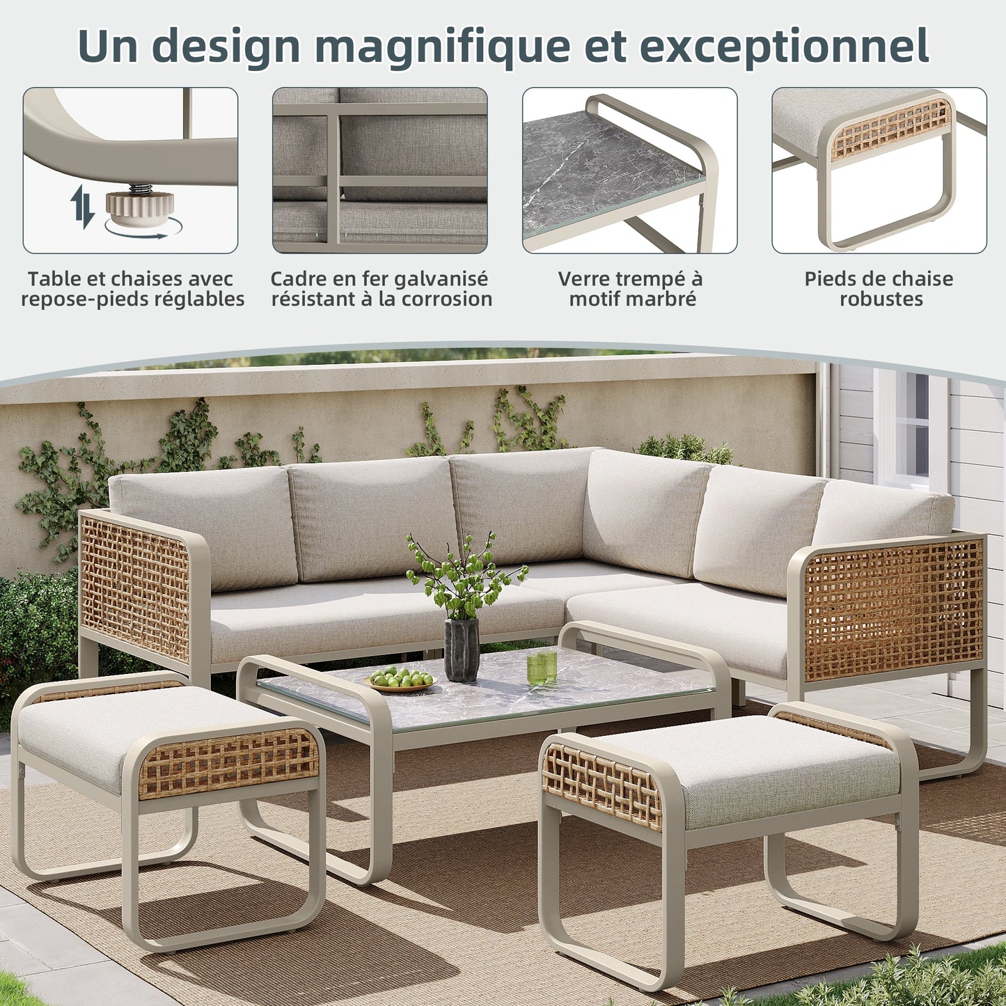 Ensemble de salon de jardin pour 6-7 personnes, meubles en rotin, pieds réglables, y compris tous les coussins d'assise et de dossier, gris