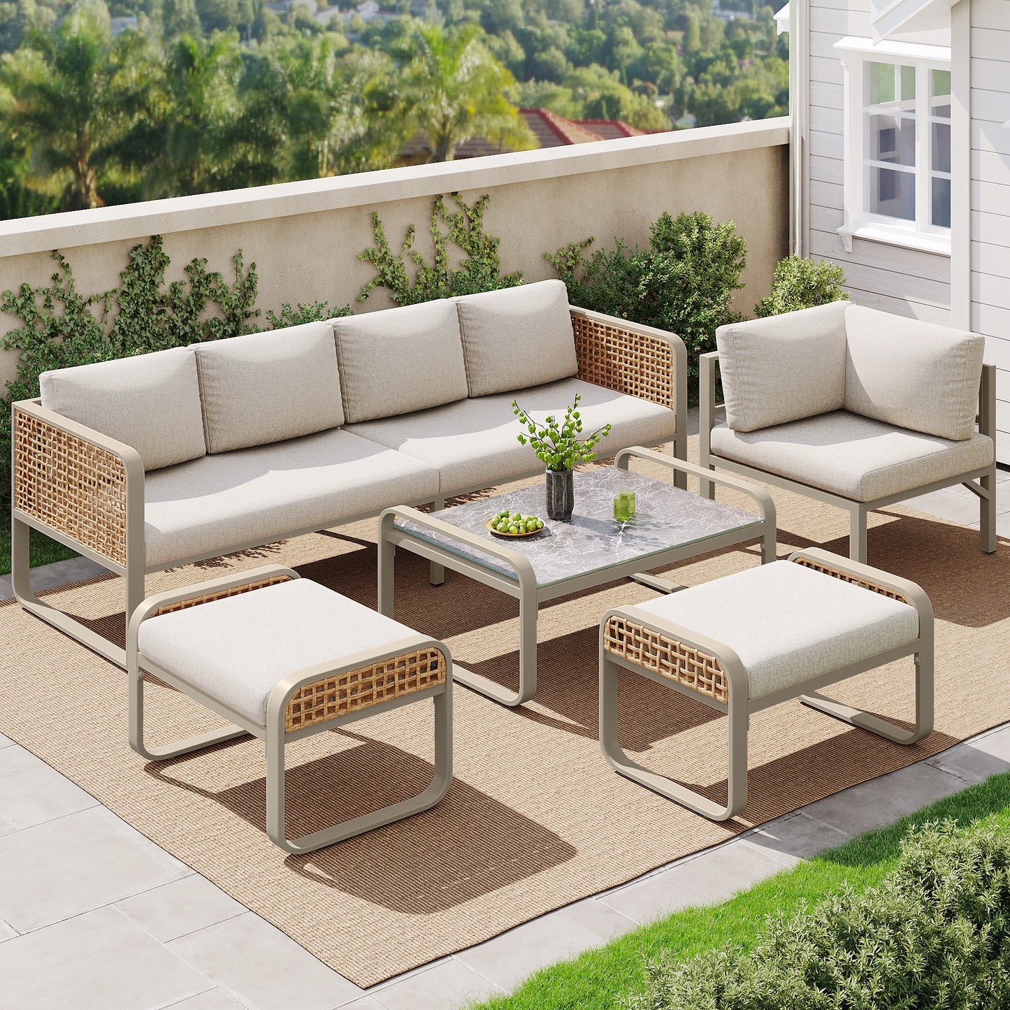 Ensemble de salon de jardin pour 6-7 personnes, meubles en rotin, pieds réglables, y compris tous les coussins d'assise et de dossier, gris