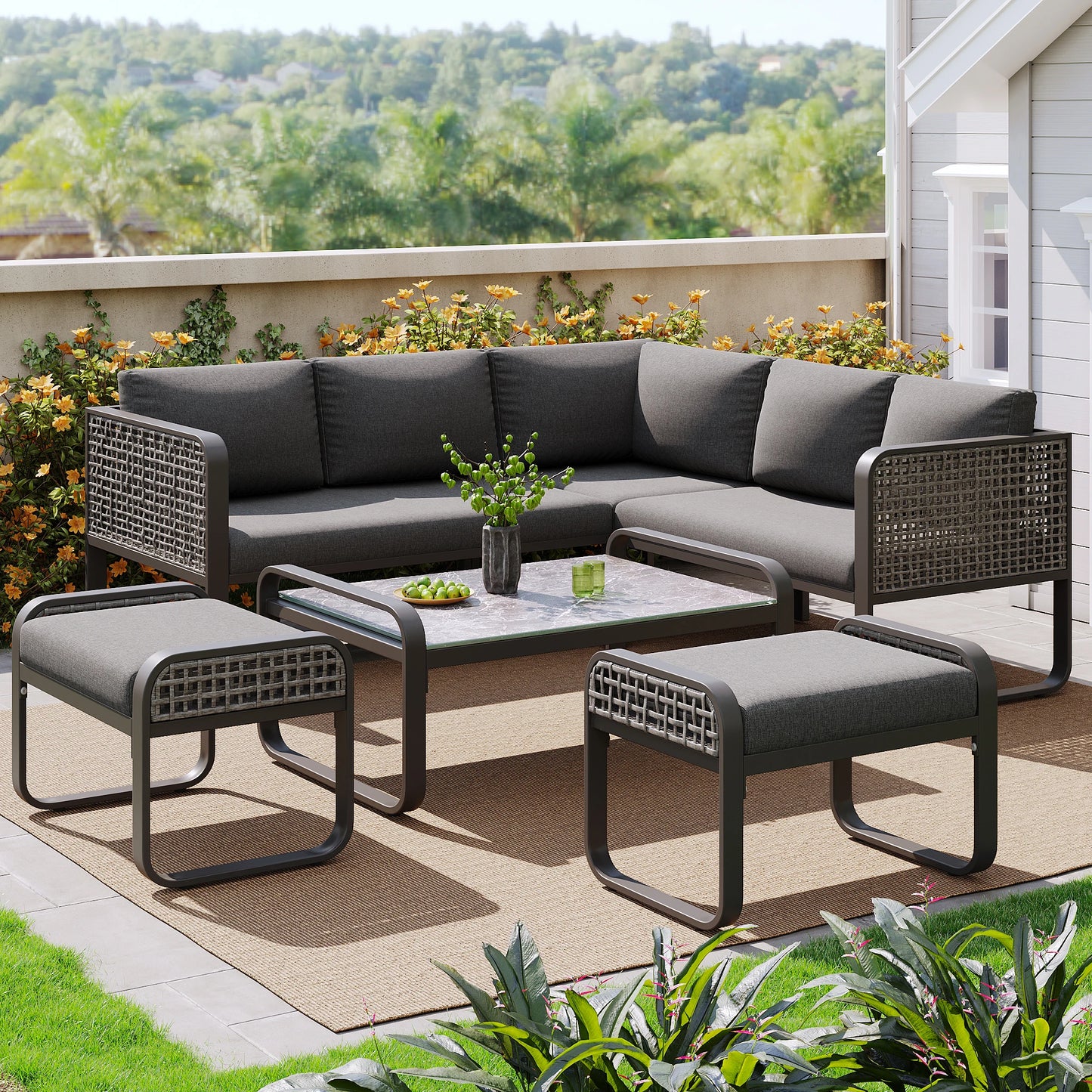 Ensemble de salon de jardin pour 6-7 personnes, meubles en rotin, pieds réglables, y compris tous les coussins d'assise et de dossier, gris