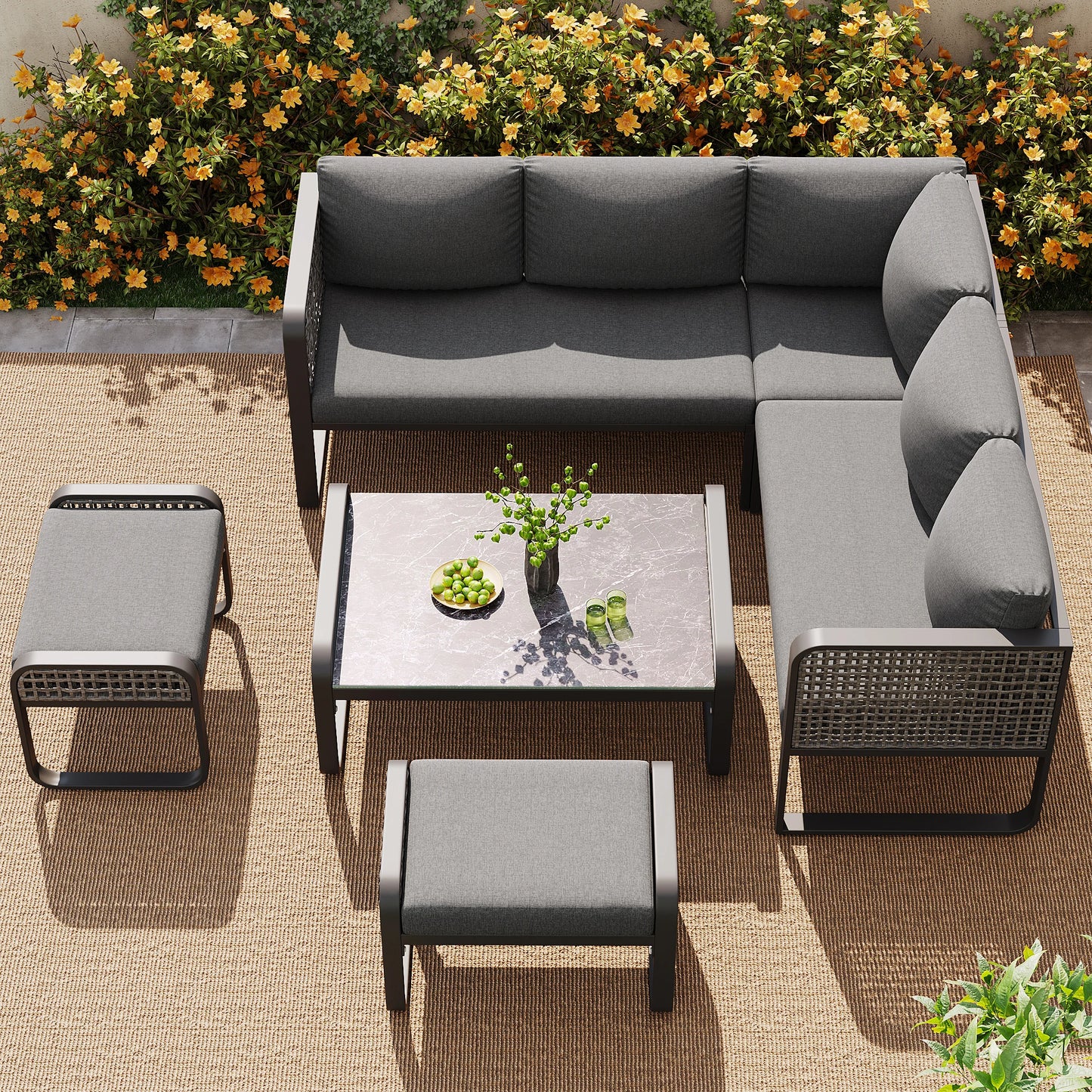 Ensemble de salon de jardin pour 6-7 personnes, meubles en rotin, pieds réglables, y compris tous les coussins d'assise et de dossier, gris