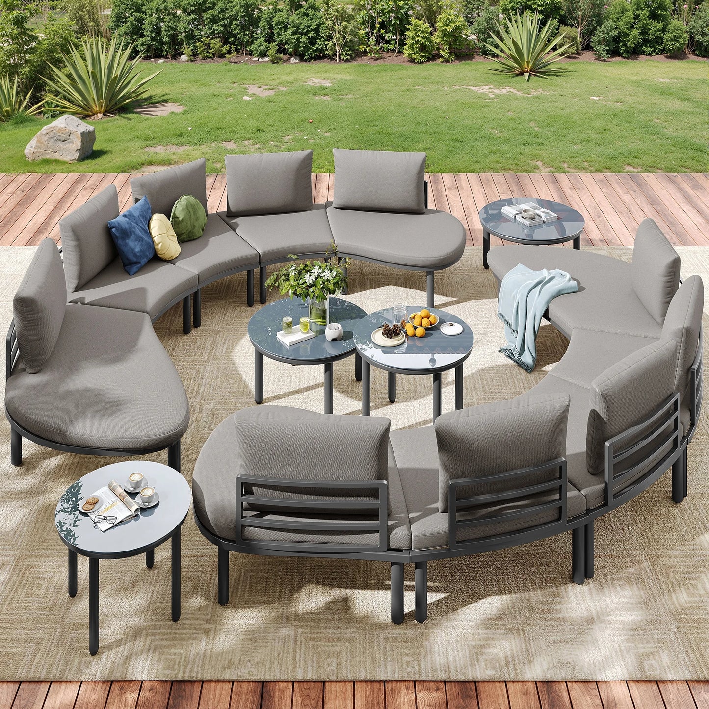 Ensemble de salon de jardin (10 places), 4 tables basses en verre trempé, structure en fer galvanisé, avec coussins et coussins de siège gris,