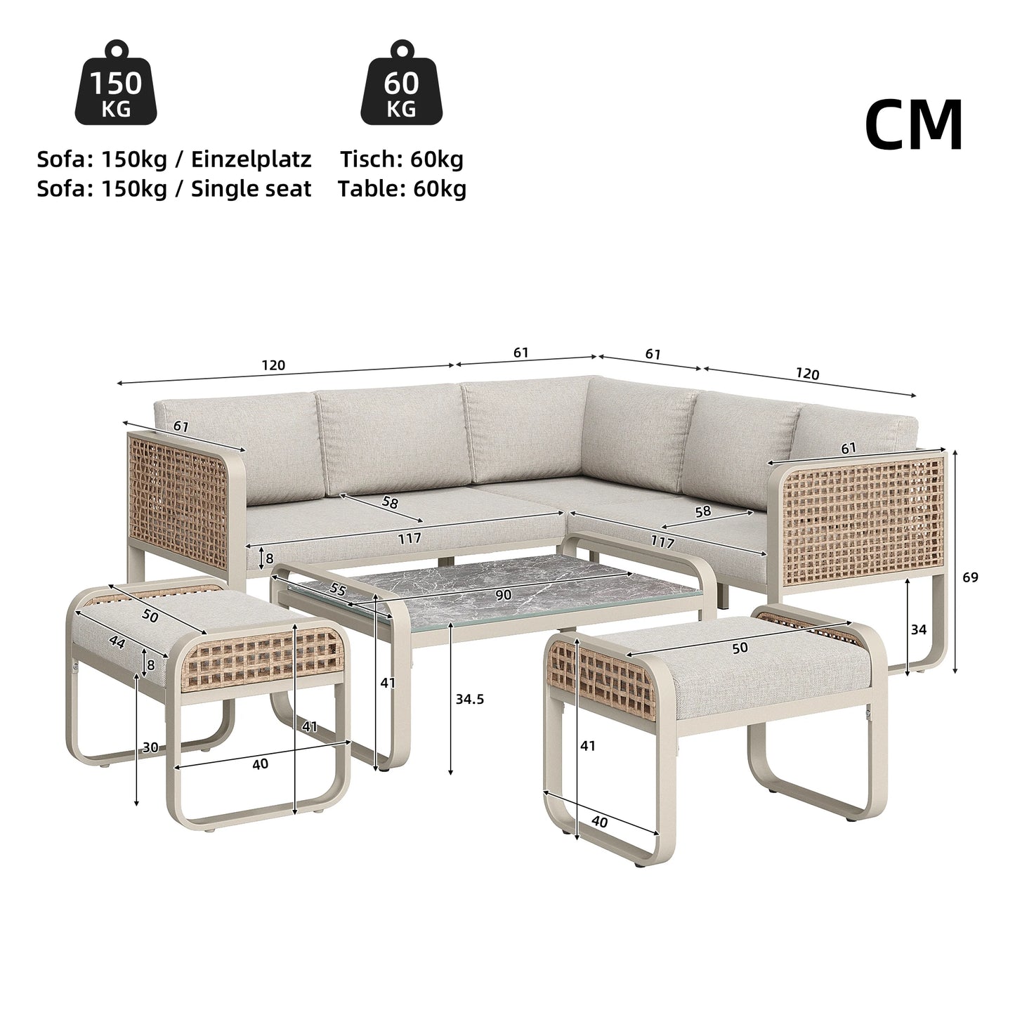 Ensemble de salon de jardin pour 6-7 personnes, meubles en rotin, pieds réglables, y compris tous les coussins d'assise et de dossier, gris
