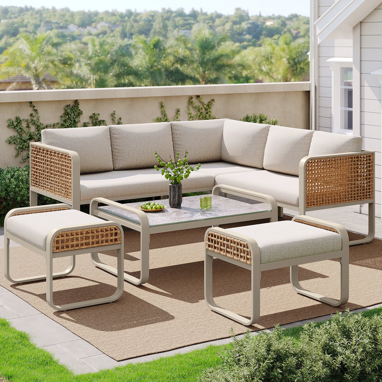 Ensemble de salon de jardin pour 6-7 personnes, meubles en rotin, pieds réglables, y compris tous les coussins d'assise et de dossier, gris