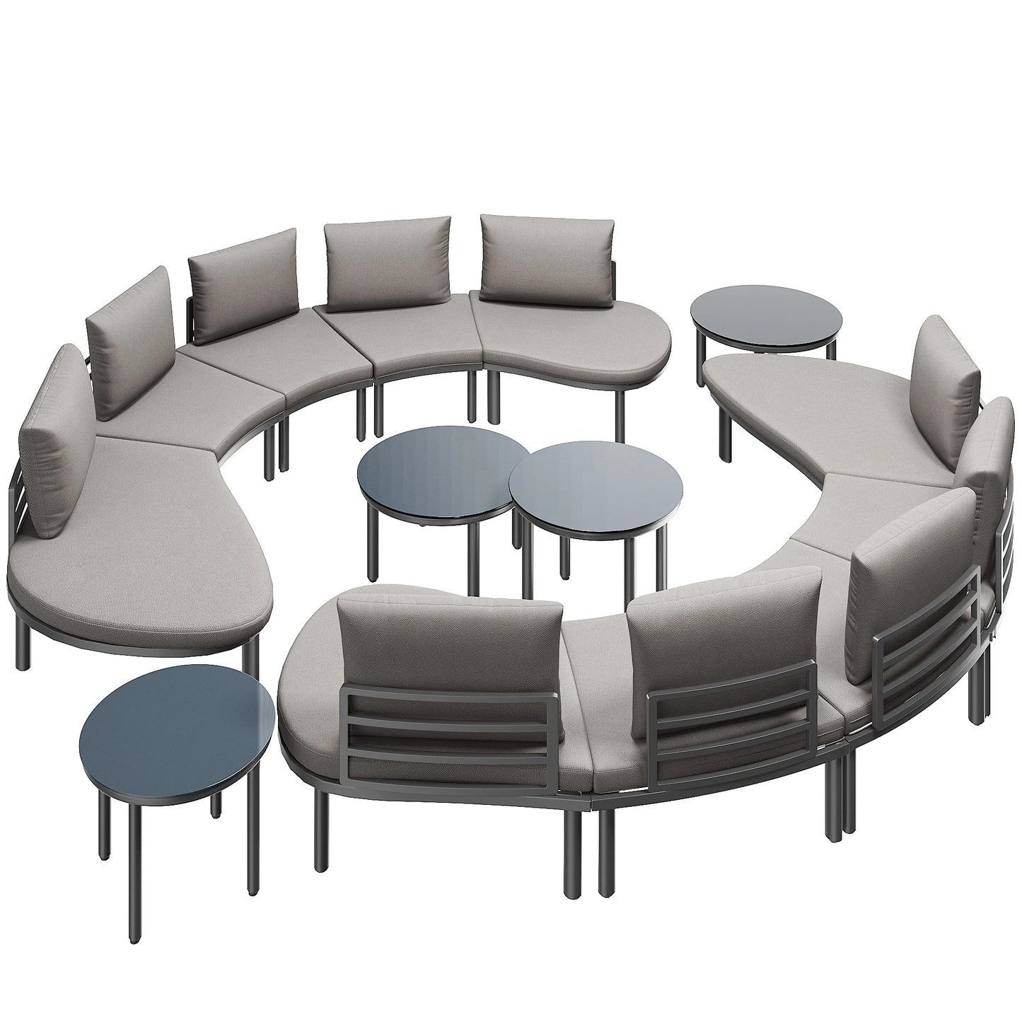 Ensemble de salon de jardin (10 places), 4 tables basses en verre trempé, structure en fer galvanisé, avec coussins et coussins de siège gris,
