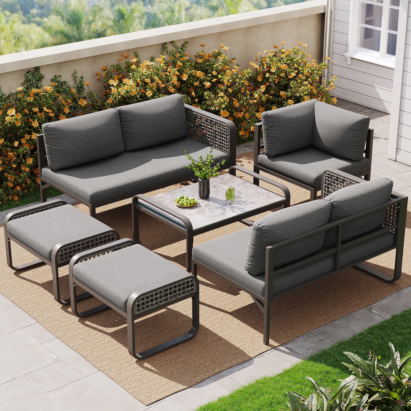 Ensemble de salon de jardin pour 6-7 personnes, meubles en rotin, pieds réglables, y compris tous les coussins d'assise et de dossier, gris