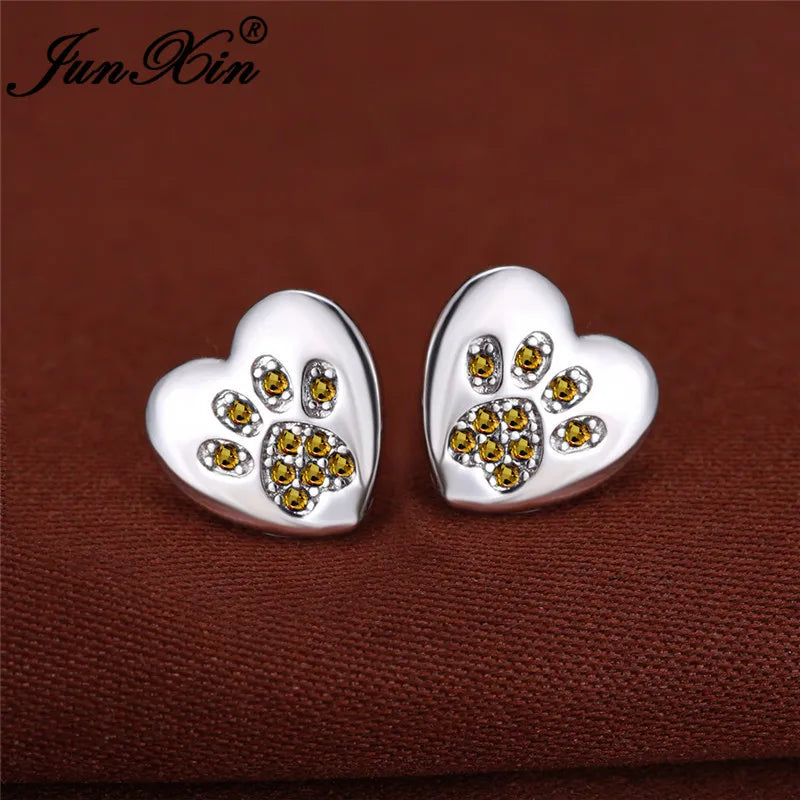 Boucles d'oreilles en forme de patte de chien, ours, chat, Animal mignon, pour femmes et hommes, couleur argent, vert, rose, violet, Zircon, cœur, bijoux de mariage