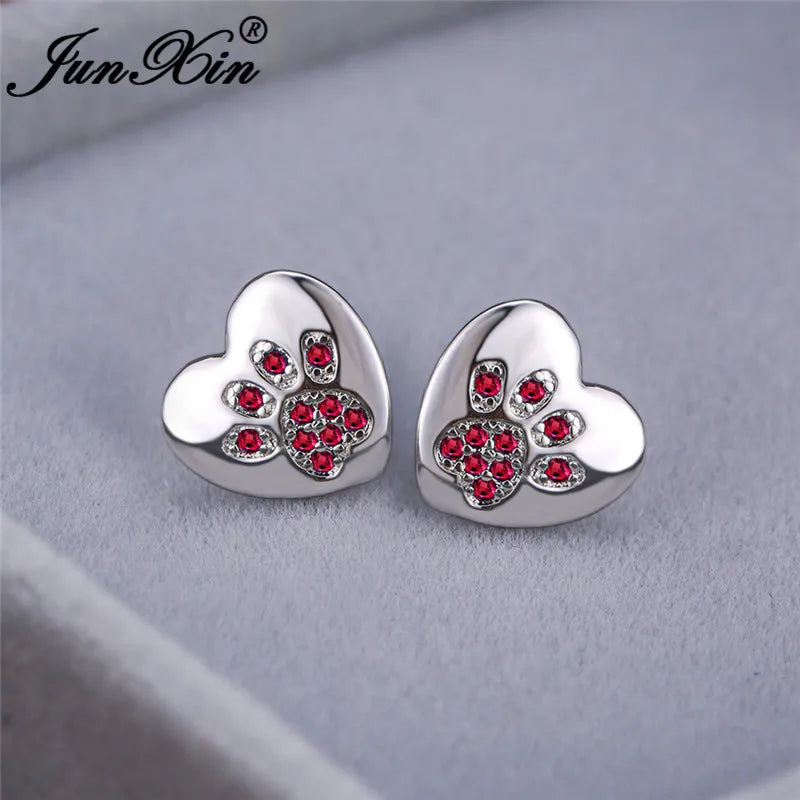 Boucles d'oreilles en forme de patte de chien, ours, chat, Animal mignon, pour femmes et hommes, couleur argent, vert, rose, violet, Zircon, cœur, bijoux de mariage