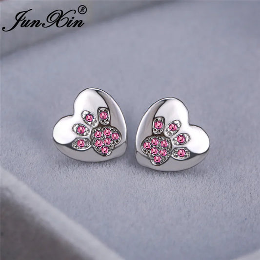 Boucles d'oreilles en forme de patte de chien, ours, chat, Animal mignon, pour femmes et hommes, couleur argent, vert, rose, violet, Zircon, cœur, bijoux de mariage
