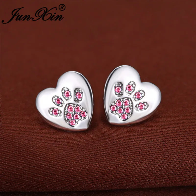Boucles d'oreilles en forme de patte de chien, ours, chat, Animal mignon, pour femmes et hommes, couleur argent, vert, rose, violet, Zircon, cœur, bijoux de mariage