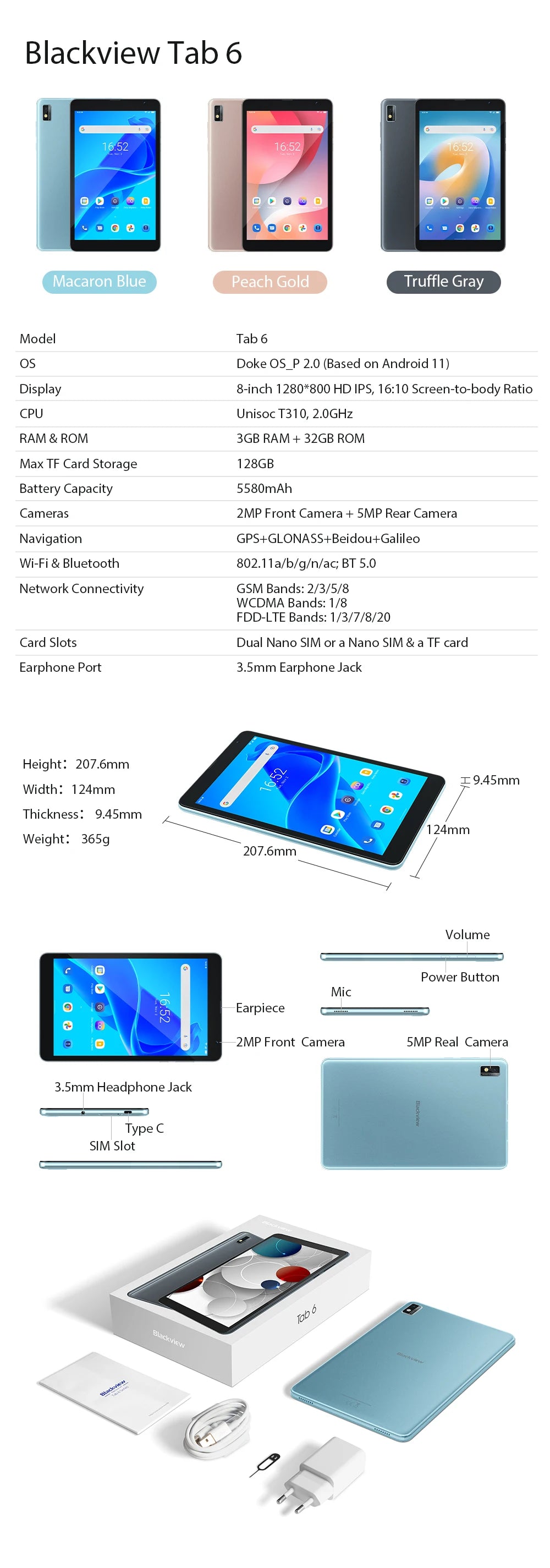 Blackview-Tablette Tab 6 Android 11, 8 ", 3 Go, 32 Go, 5580mAh, 4G, WiFi, Permanence, Tablettes d'appel téléphonique, Kindle Ebook