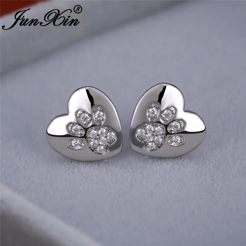 Boucles d'oreilles en forme de patte de chien, ours, chat, Animal mignon, pour femmes et hommes, couleur argent, vert, rose, violet, Zircon, cœur, bijoux de mariage