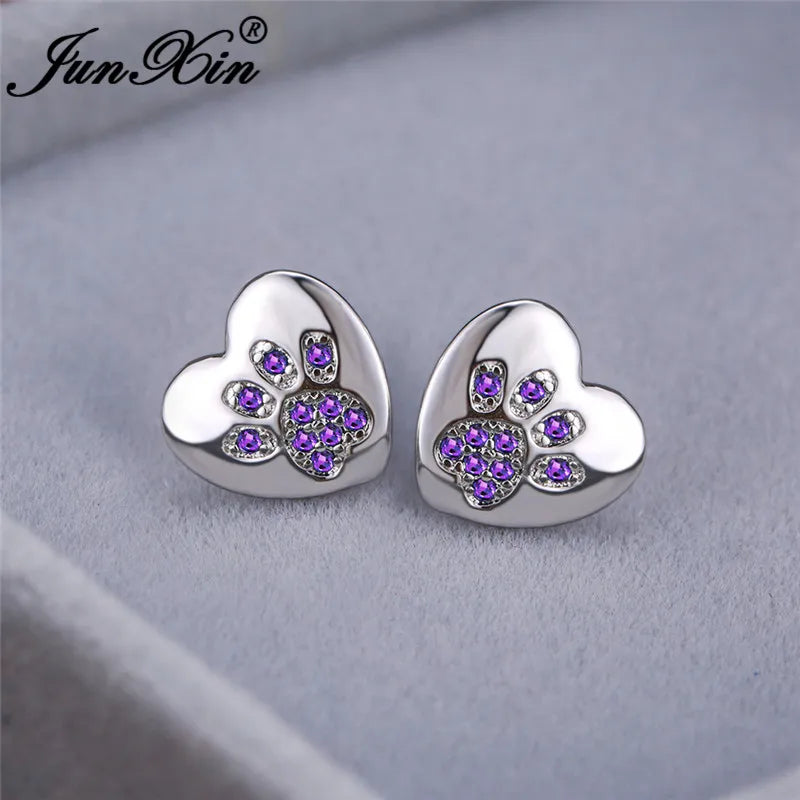 Boucles d'oreilles en forme de patte de chien, ours, chat, Animal mignon, pour femmes et hommes, couleur argent, vert, rose, violet, Zircon, cœur, bijoux de mariage
