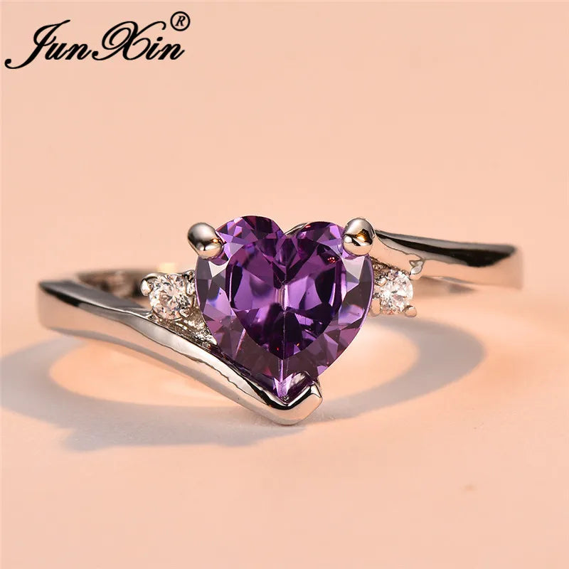 JUNXIN bleu pierre de naissance coeur anneaux pour femmes or blanc rempli violet rose noir Zircon blanc opale de feu bande de fiançailles femme