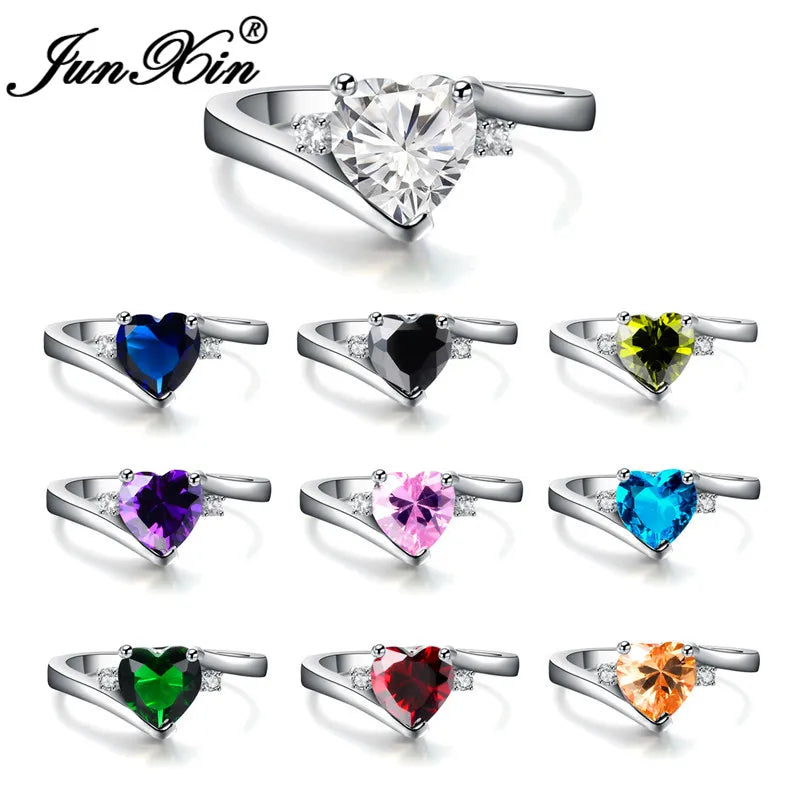 JUNXIN bleu pierre de naissance coeur anneaux pour femmes or blanc rempli violet rose noir Zircon blanc opale de feu bande de fiançailles femme
