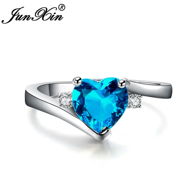 JUNXIN bleu pierre de naissance coeur anneaux pour femmes or blanc rempli violet rose noir Zircon blanc opale de feu bande de fiançailles femme