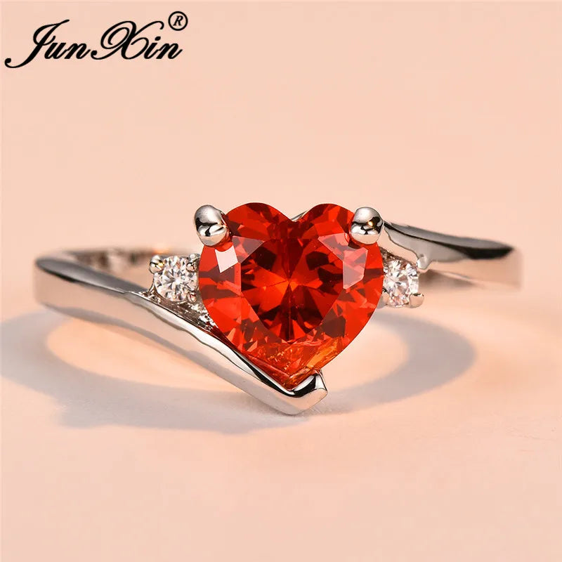 JUNXIN bleu pierre de naissance coeur anneaux pour femmes or blanc rempli violet rose noir Zircon blanc opale de feu bande de fiançailles femme