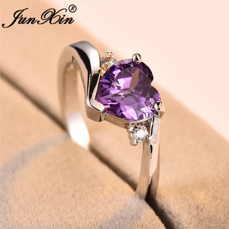 JUNXIN bleu pierre de naissance coeur anneaux pour femmes or blanc rempli violet rose noir Zircon blanc opale de feu bande de fiançailles femme
