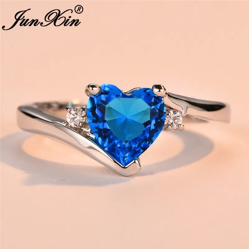 JUNXIN bleu pierre de naissance coeur anneaux pour femmes or blanc rempli violet rose noir Zircon blanc opale de feu bande de fiançailles femme