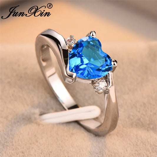 JUNXIN bleu pierre de naissance coeur anneaux pour femmes or blanc rempli violet rose noir Zircon blanc opale de feu bande de fiançailles femme