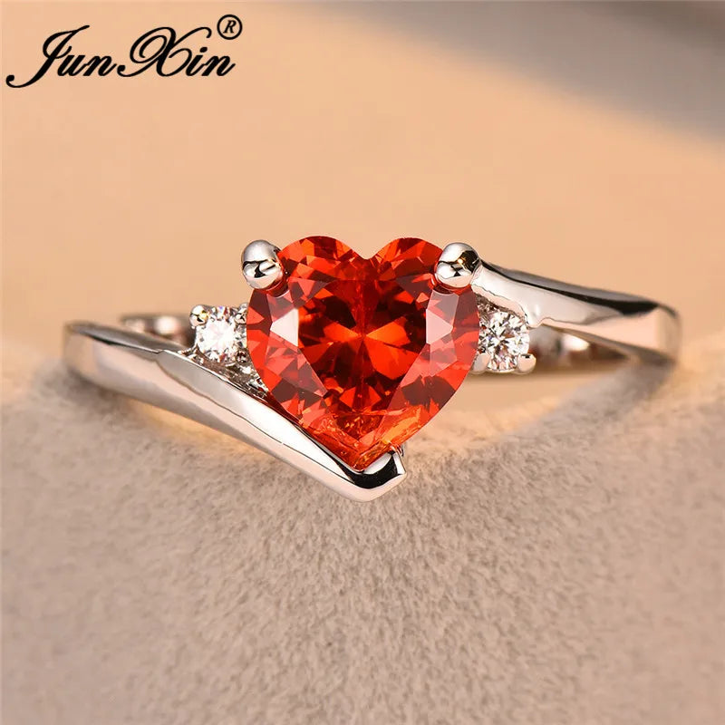 JUNXIN bleu pierre de naissance coeur anneaux pour femmes or blanc rempli violet rose noir Zircon blanc opale de feu bande de fiançailles femme