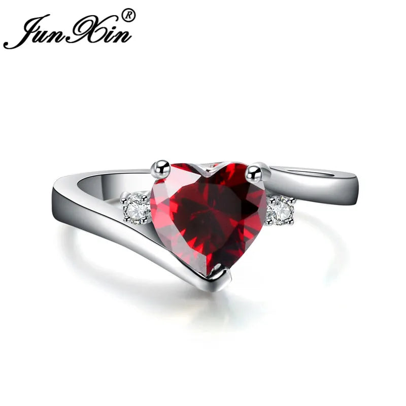 JUNXIN bleu pierre de naissance coeur anneaux pour femmes or blanc rempli violet rose noir Zircon blanc opale de feu bande de fiançailles femme