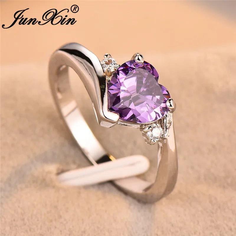 JUNXIN bleu pierre de naissance coeur anneaux pour femmes or blanc rempli violet rose noir Zircon blanc opale de feu bande de fiançailles femme