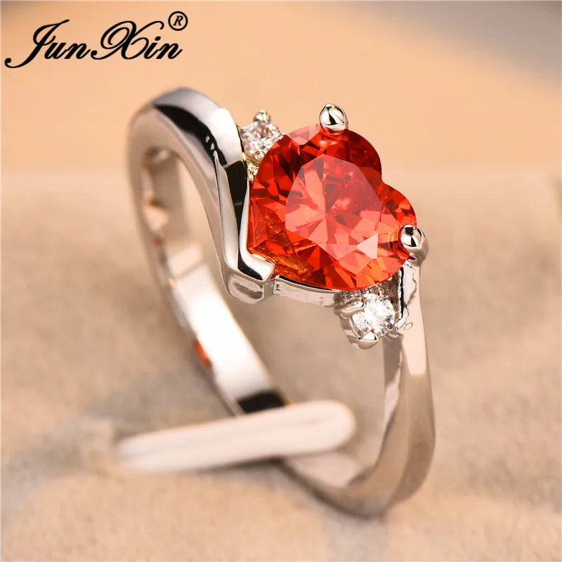 JUNXIN bleu pierre de naissance coeur anneaux pour femmes or blanc rempli violet rose noir Zircon blanc opale de feu bande de fiançailles femme