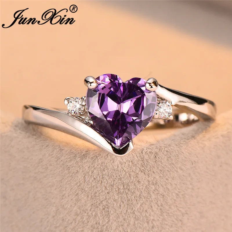 JUNXIN bleu pierre de naissance coeur anneaux pour femmes or blanc rempli violet rose noir Zircon blanc opale de feu bande de fiançailles femme