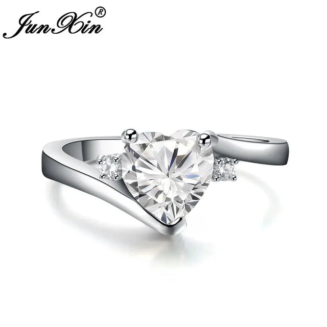 JUNXIN bleu pierre de naissance coeur anneaux pour femmes or blanc rempli violet rose noir Zircon blanc opale de feu bande de fiançailles femme