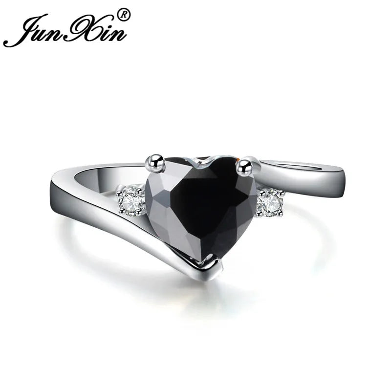 JUNXIN bleu pierre de naissance coeur anneaux pour femmes or blanc rempli violet rose noir Zircon blanc opale de feu bande de fiançailles femme